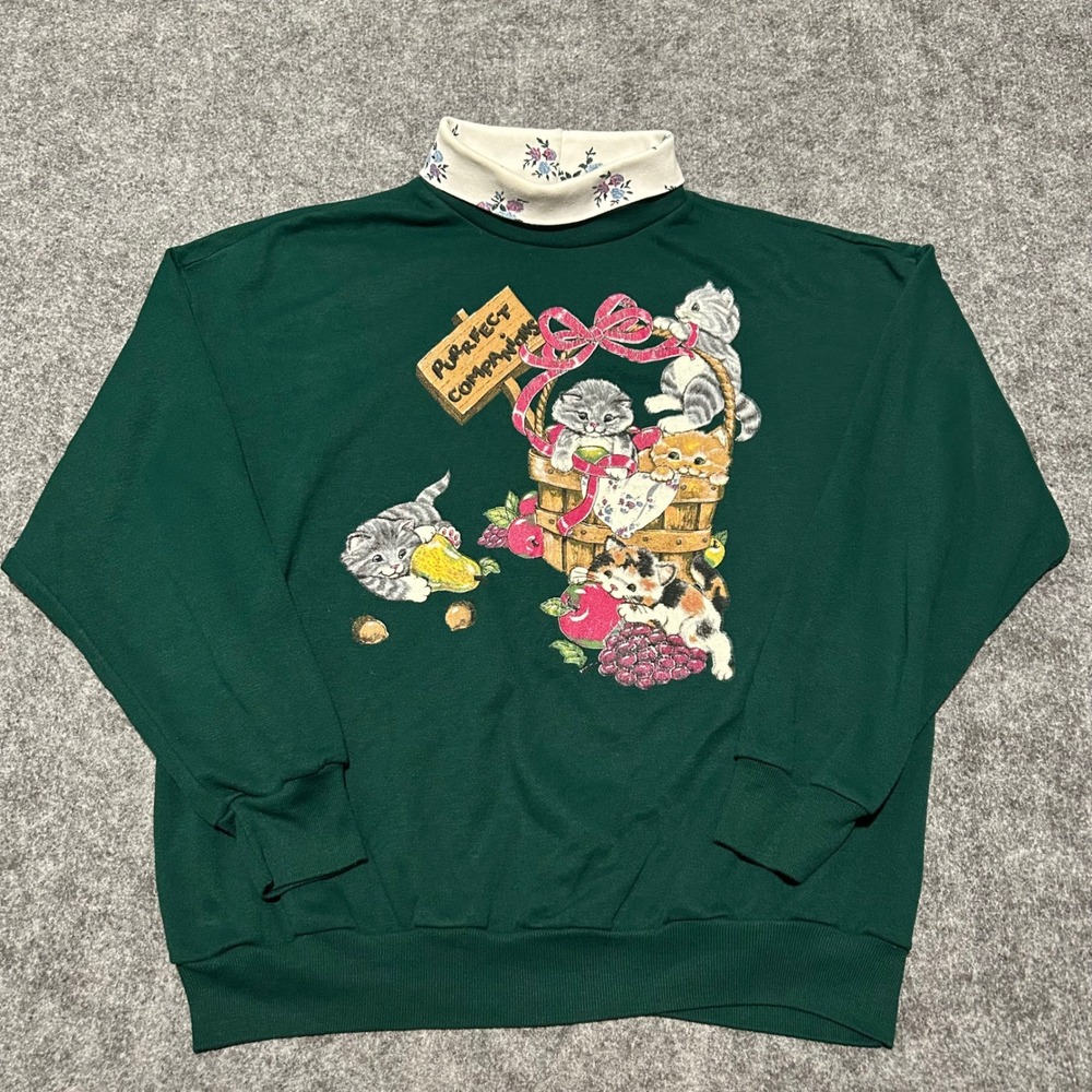 Vintage Basic Editions Cat Graphic Sweatshirt Green Floral Mock Neck Size Medium